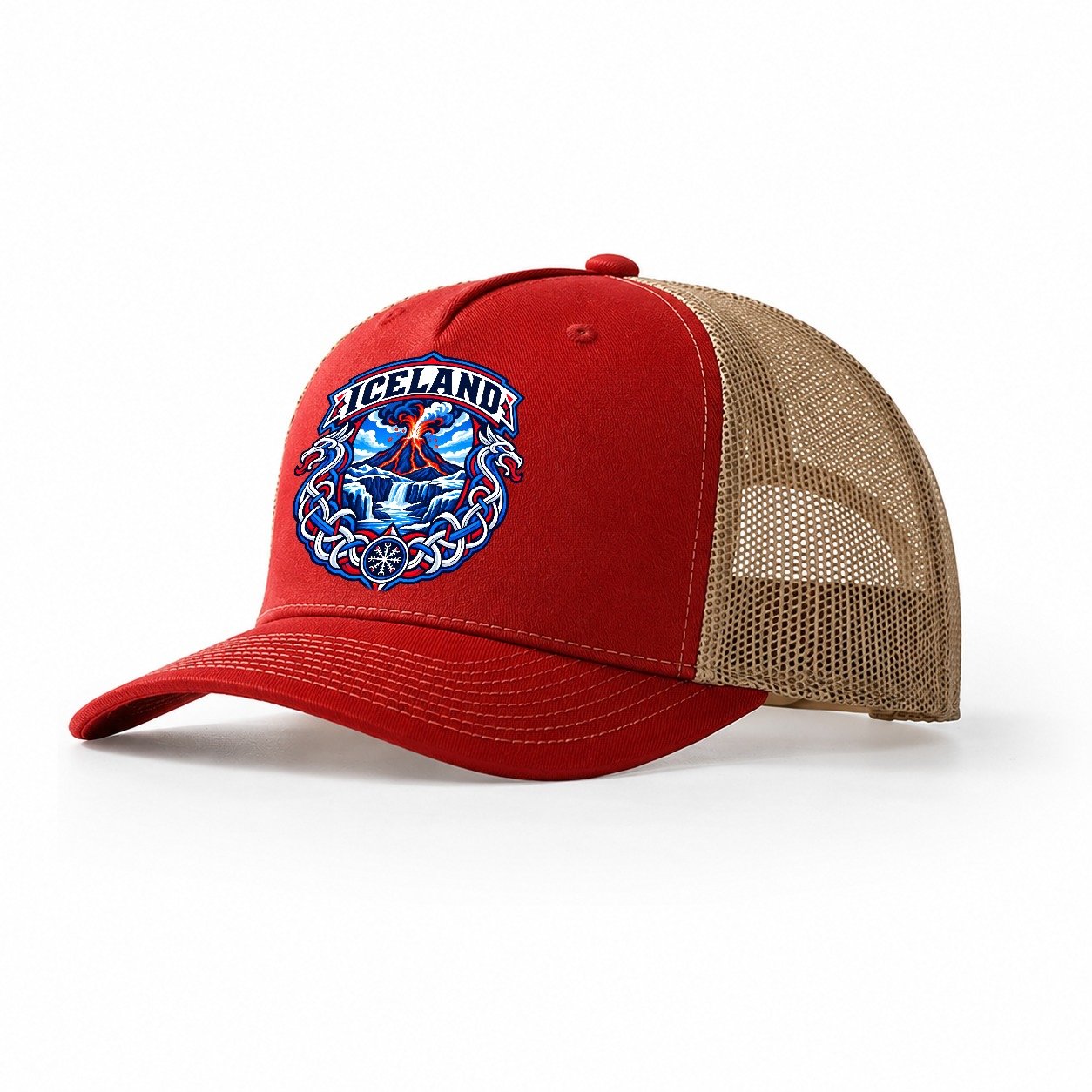 Iceland Retro Badge Country Logos Trucker Hat – Red Khaki