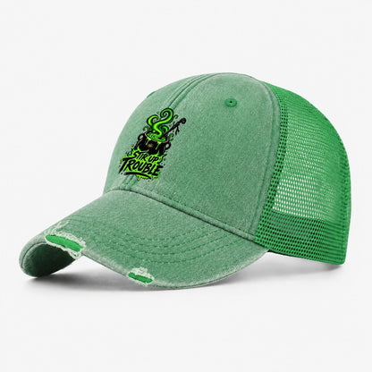 Stir Up Trouble Slogan Witch Magic Washed Trucker Hat – Ink Green
