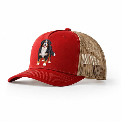 Bernese Mountain Dog Standing Top Breeds Trucker Hat – Red Khaki