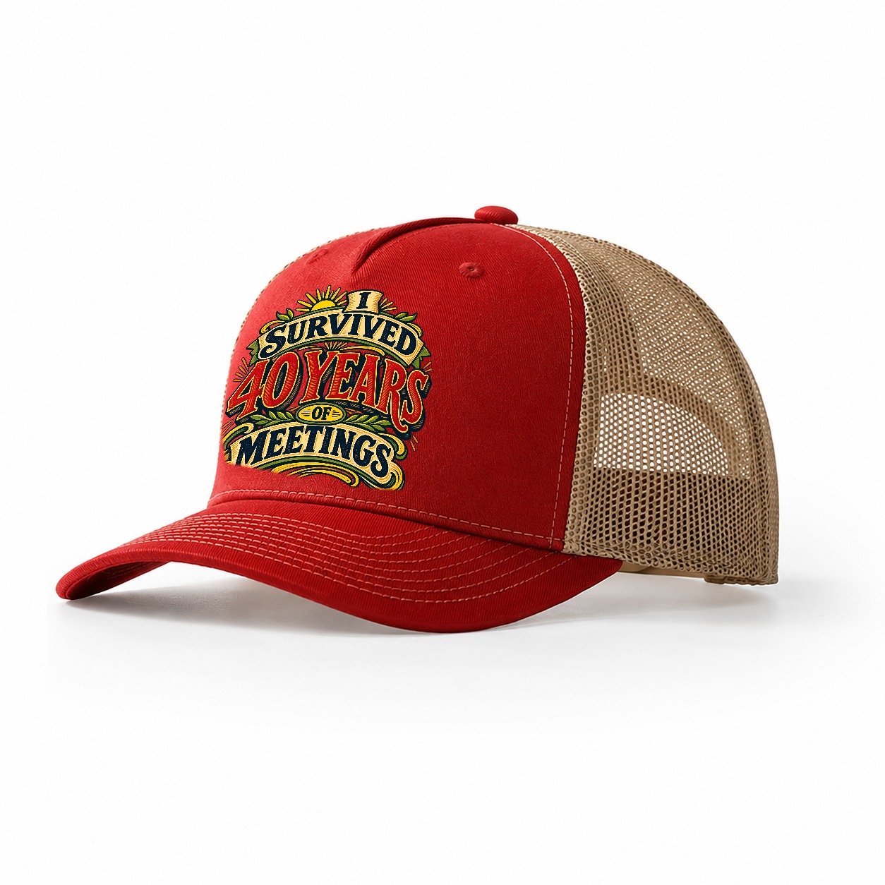 I Survived 40 Years Of Meetings Retired Living Trucker Hat – Red Khaki