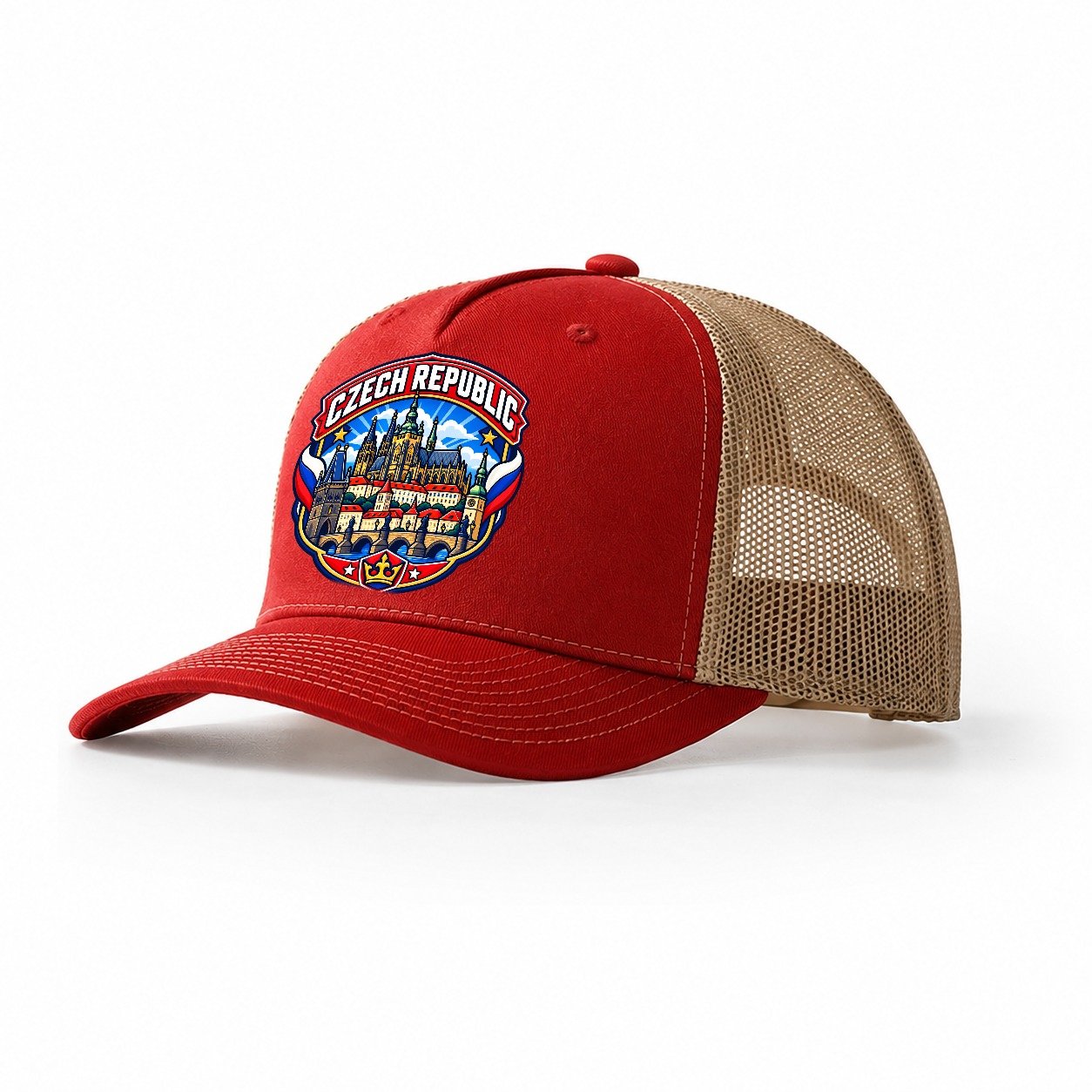 Czech Republic Retro Badge Country Logos Trucker Hat – Red Khaki