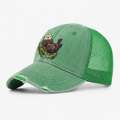 Sea Otter And Bull Kelp Canada Cultural Icons Washed Trucker Hat – Ink Green