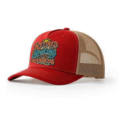 Retired And Spoiling The Grandkids Retired Living Trucker Hat – Red Khaki