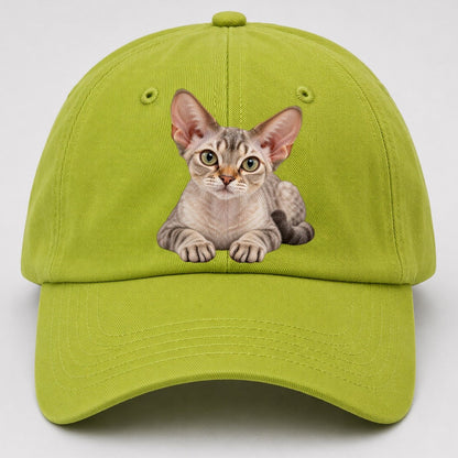 Devon Rex Reclining Paws Forward Realistic Cat Portrait Baseball Cap – Fluorescent Green