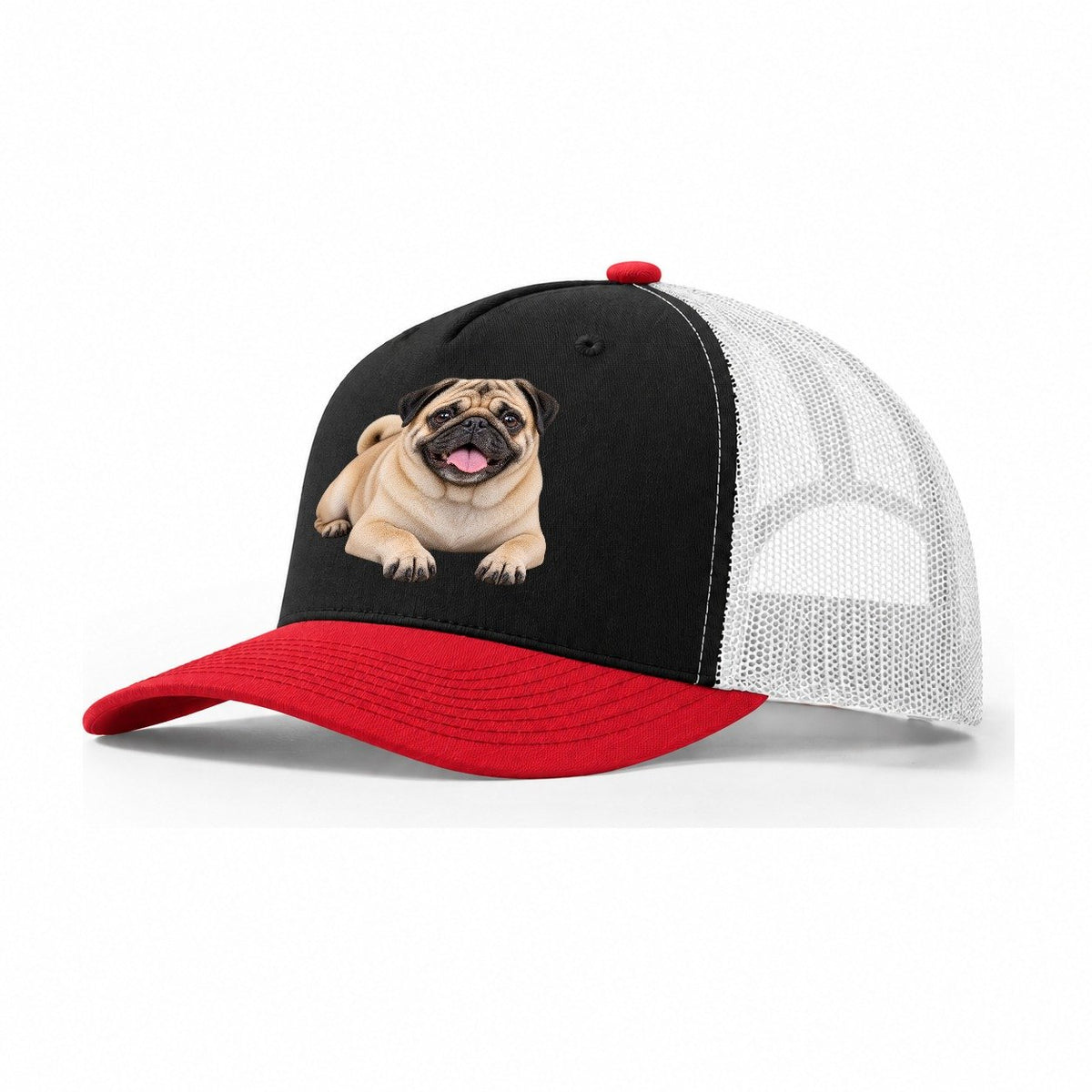 Pug Lying Down Top Breeds Trucker Hat – Black Red White