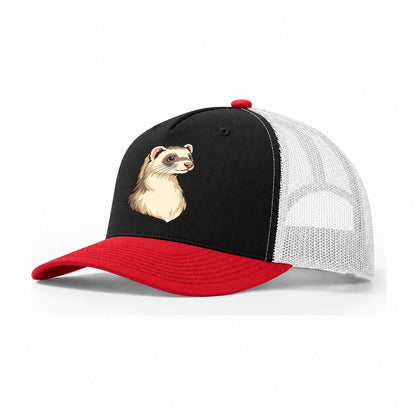 Ferret Cream Portrait Small Pet Logos Trucker Hat – Black Red White