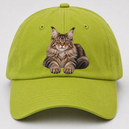 Maine Coon Reclining Paws Forward Realistic Cat Portrait Baseball Cap – Fluorescent Green