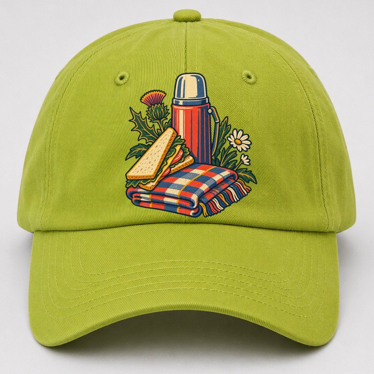 Picnic Flask Sandwich And Checked Blanket Uk Culture Heritage Baseball Cap – Fluorescent Green