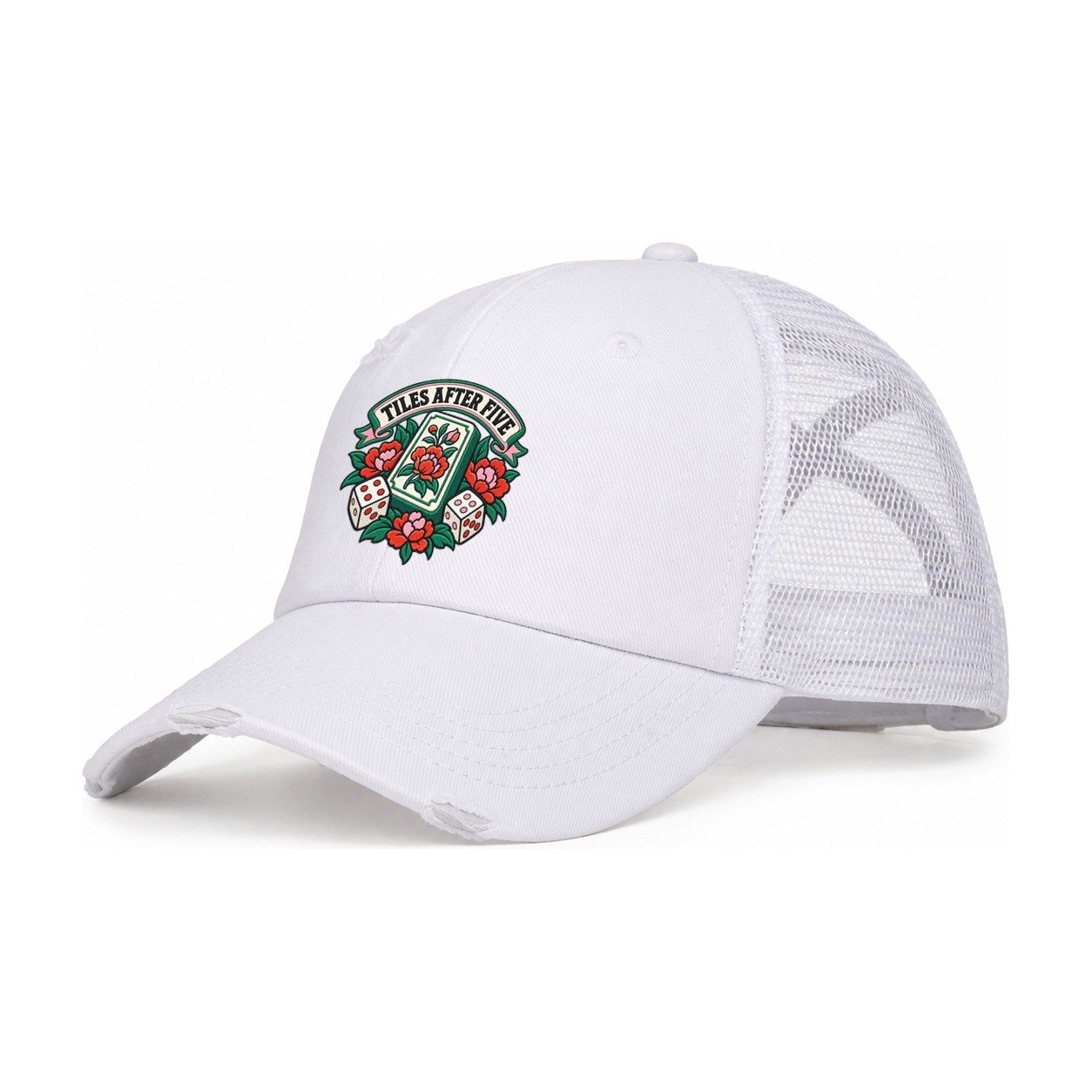 Tiles After Five Mahjong Game Night Women's Ponytail Trucker Hat – White White