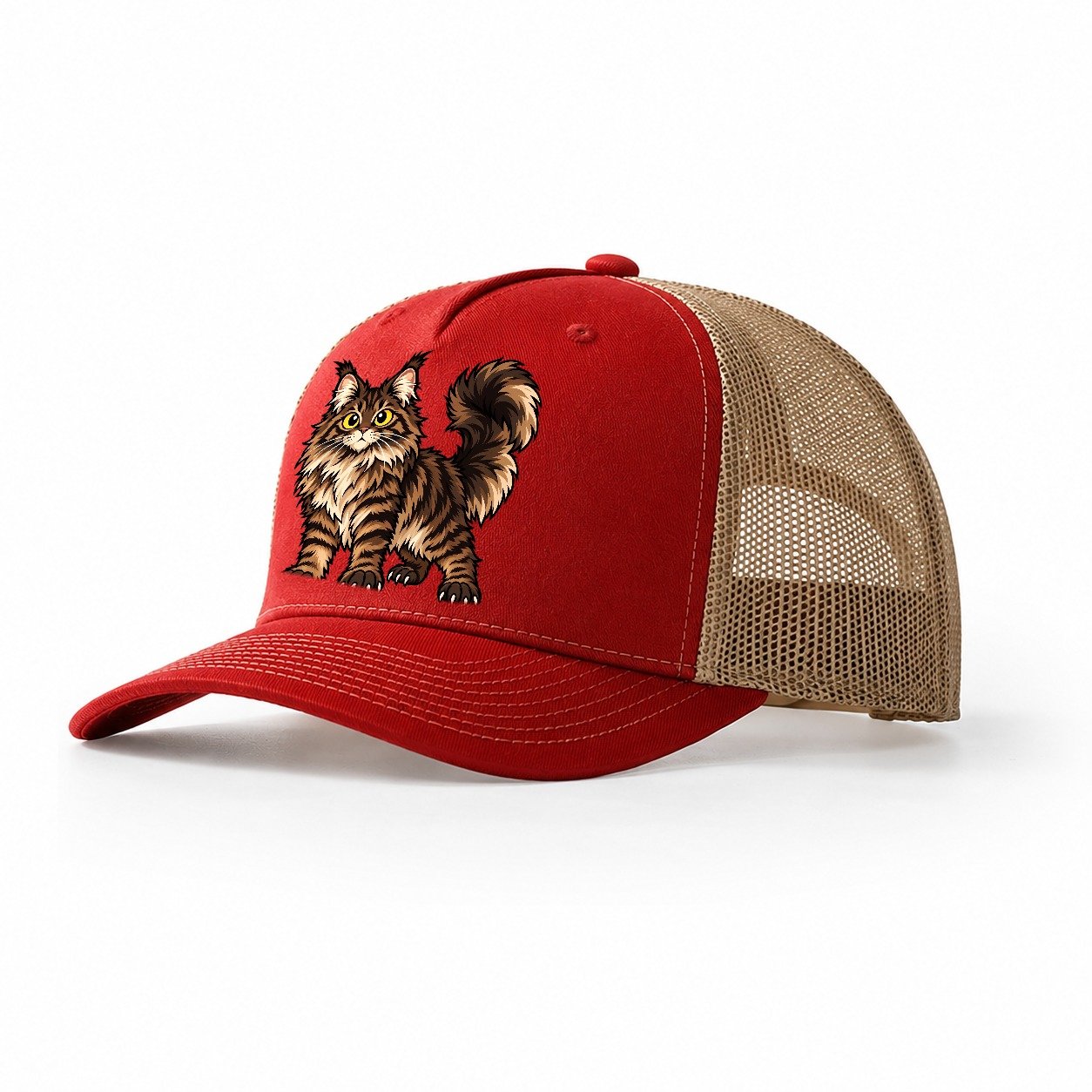 Maine Coon Standing Proud Peeking Cats Trucker Hat – Red Khaki
