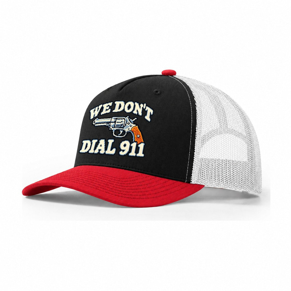 Arcade Pixel We Don't Dial 911 Trucker Hat – Black Red White