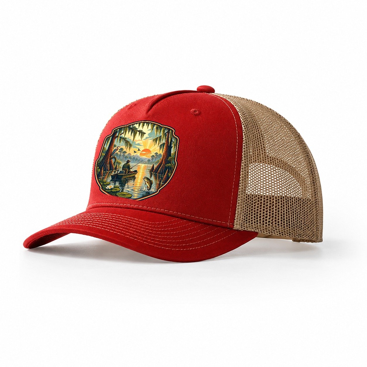 Bayou Cypress Still Water Fishing Club Trucker Hat – Red Khaki