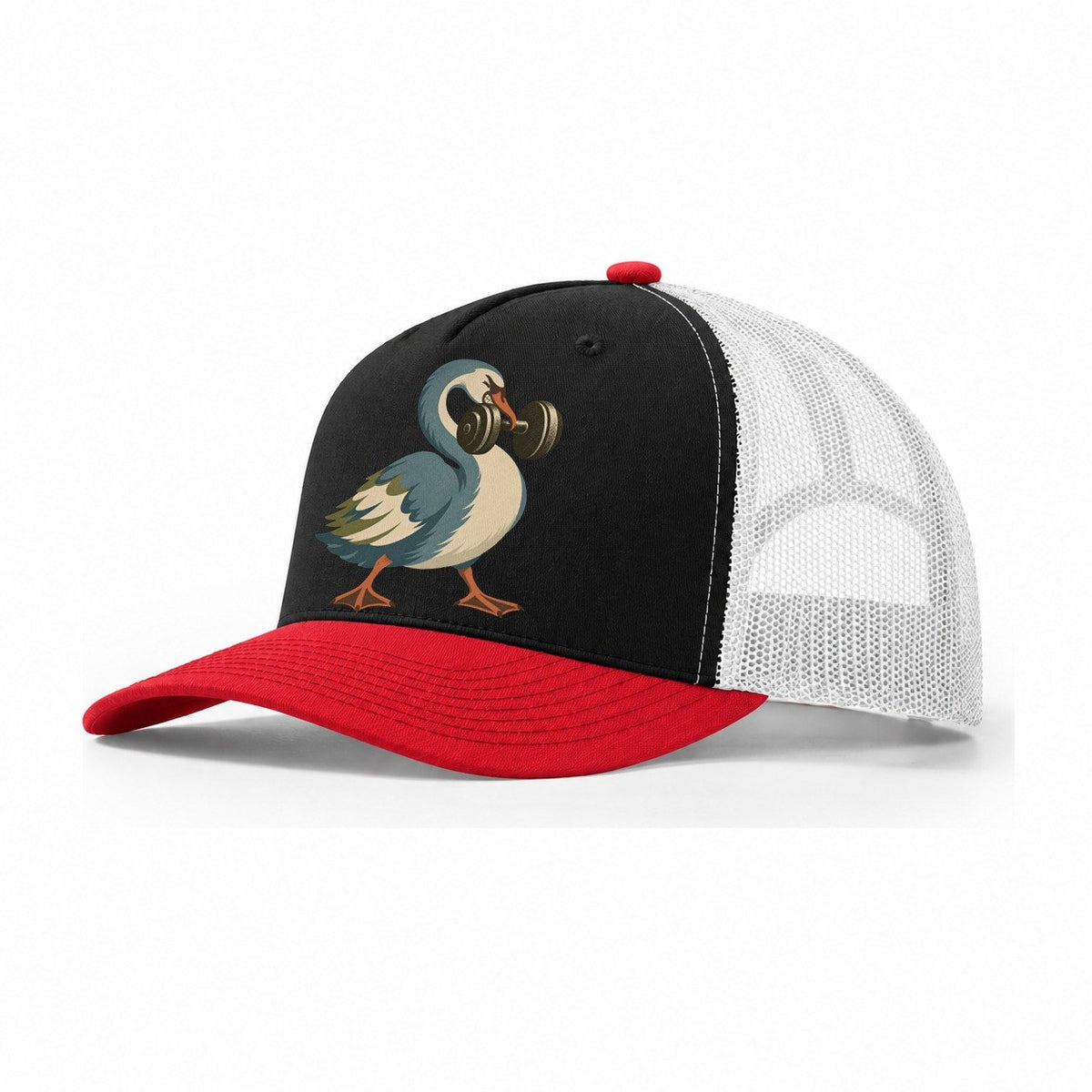 Swan Neck Curl Animal Lifters Trucker Hat – Black Red White