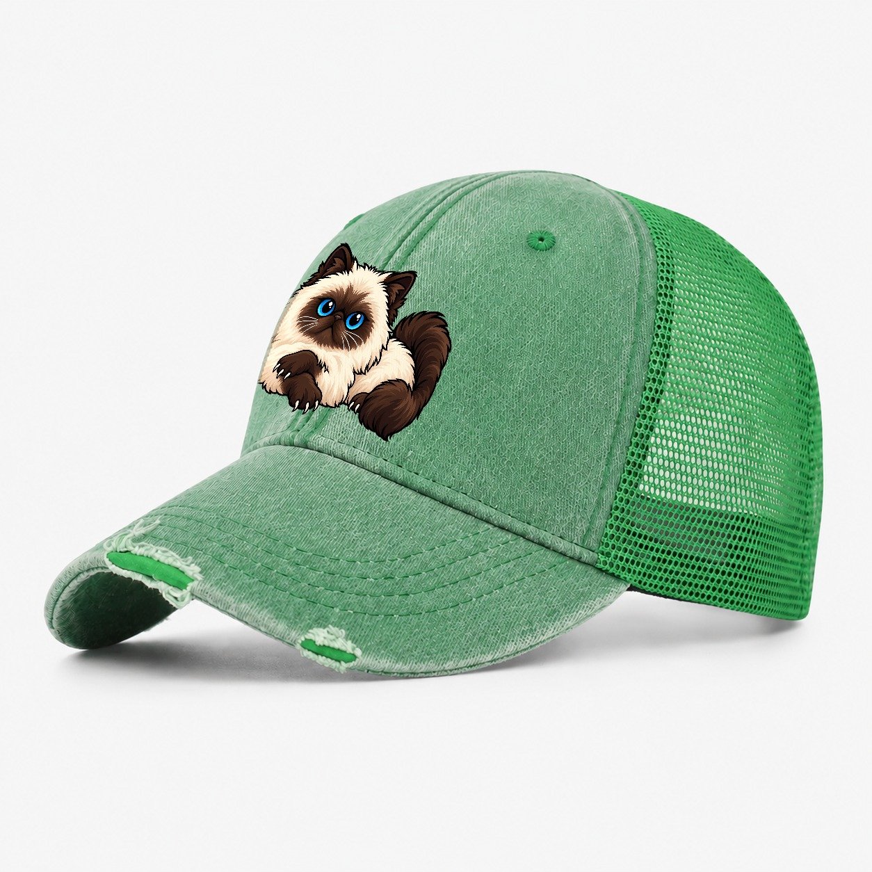 Himalayan Lounging Peeking Cats Washed Trucker Hat – Ink Green