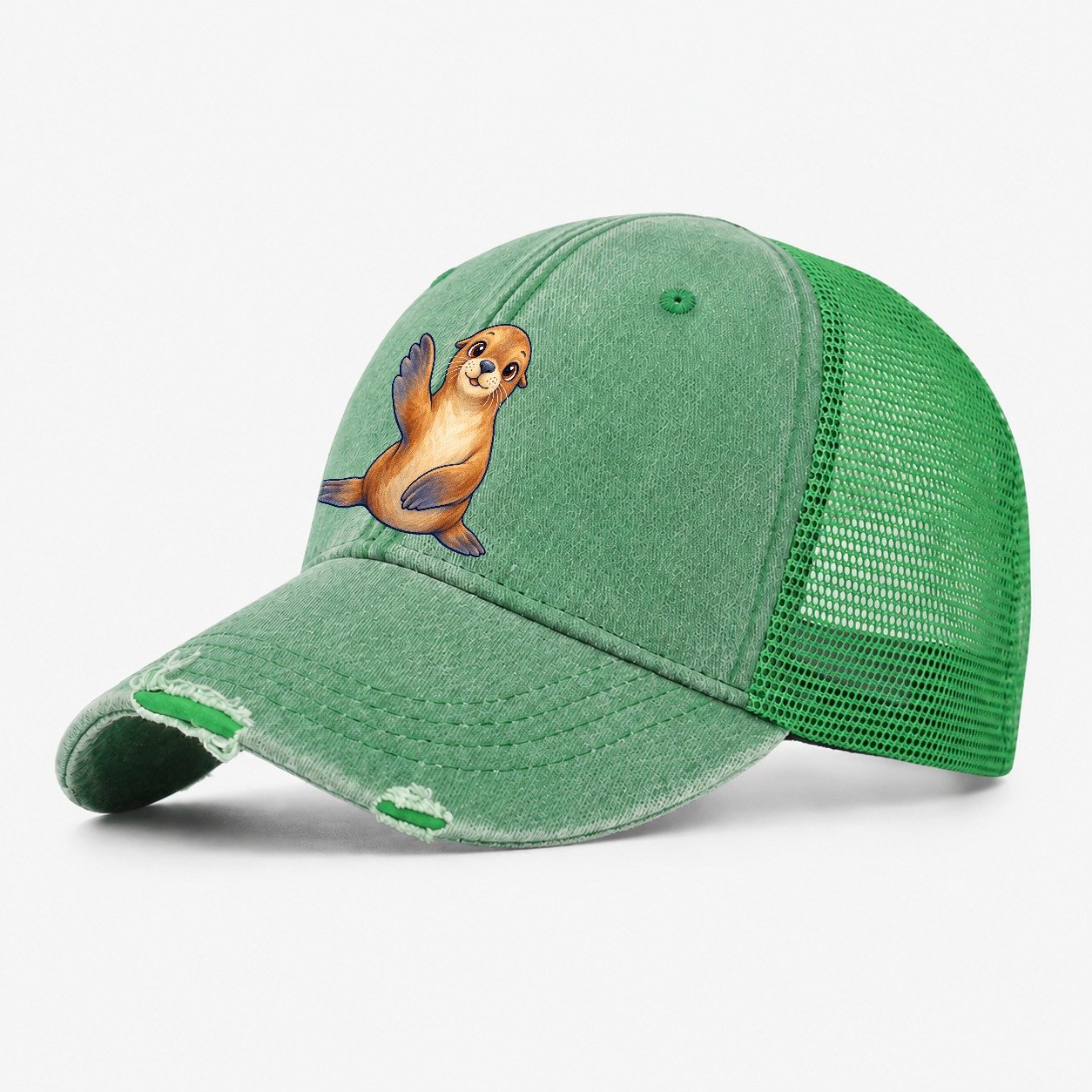 Sea Lion Front Flipper Wave Sea Sprite Washed Trucker Hat – Ink Green