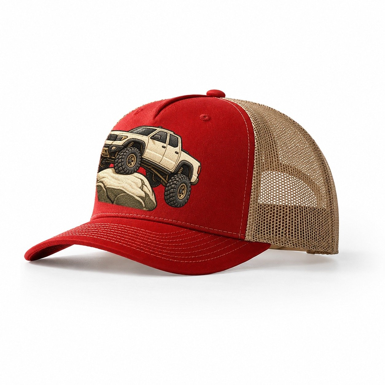 Lifted Pickup On A Boulder Off Roading And Overlanding Trucker Hat – Red Khaki