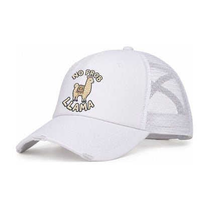 Llama Animal Puns Women's Ponytail Trucker Hat – White White