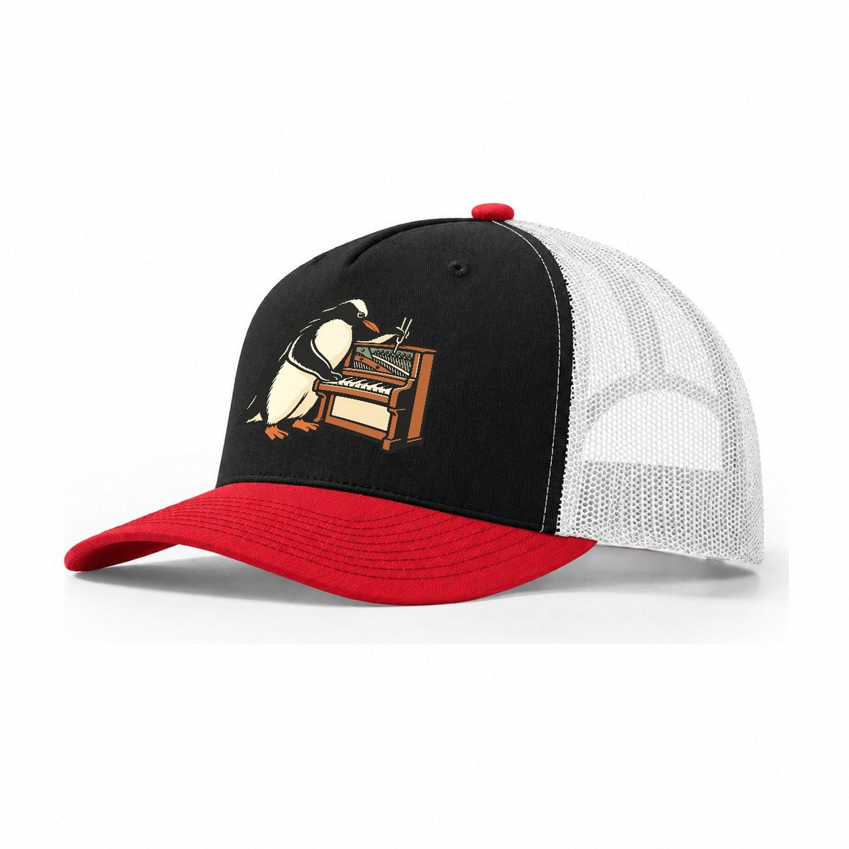 Penguin Piano Tuner Sundown Familiars Trucker Hat – Black Red White