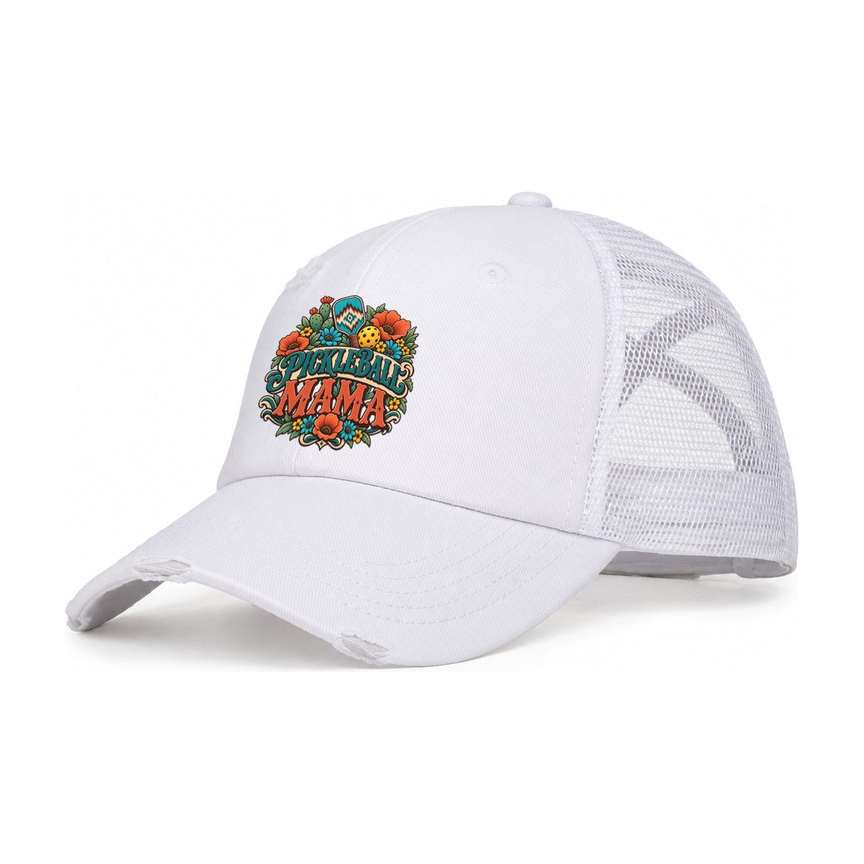 Pickleball Mama Pickleball Life Women's Ponytail Trucker Hat – White White