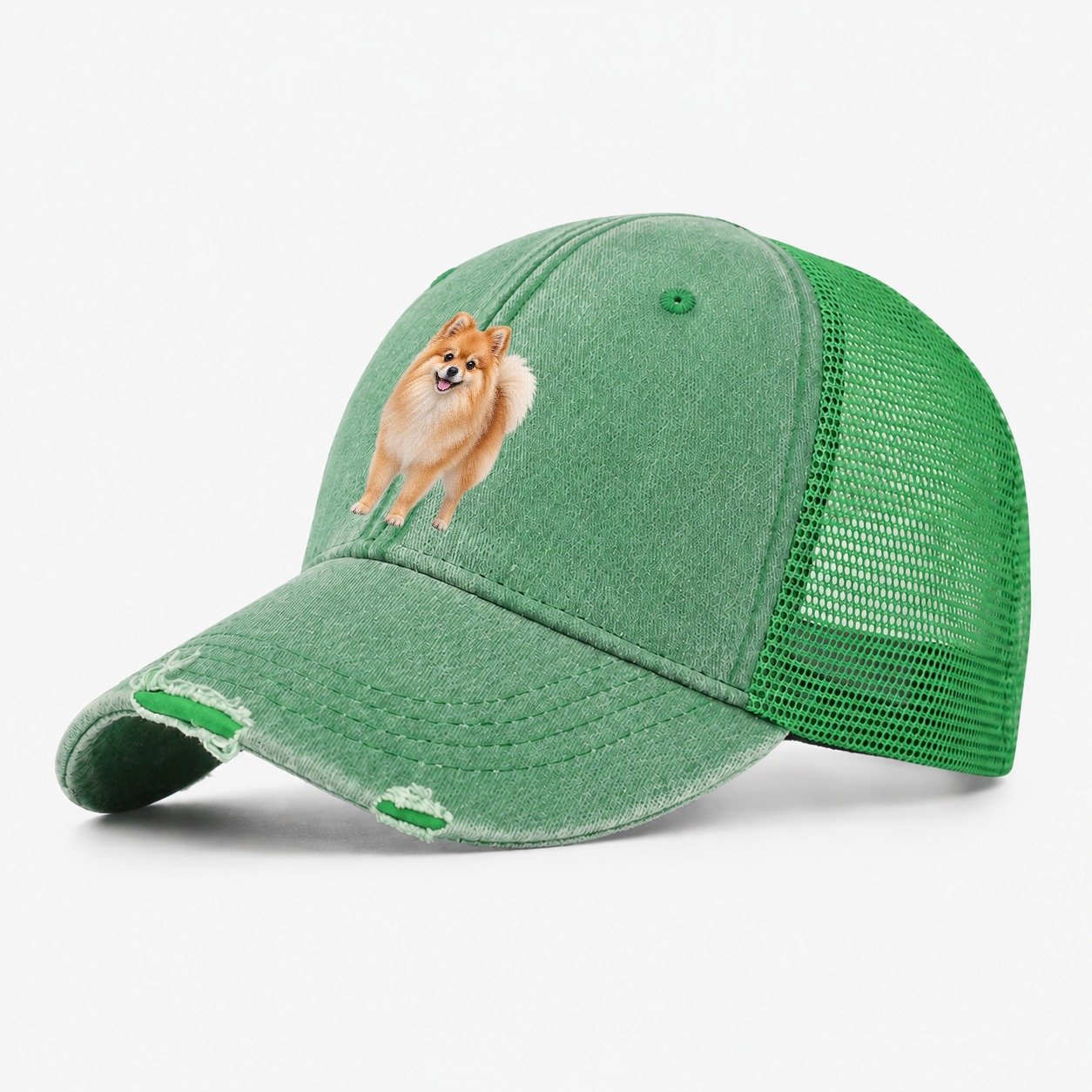 Pomeranian Standing Top Breeds Washed Trucker Hat – Ink Green