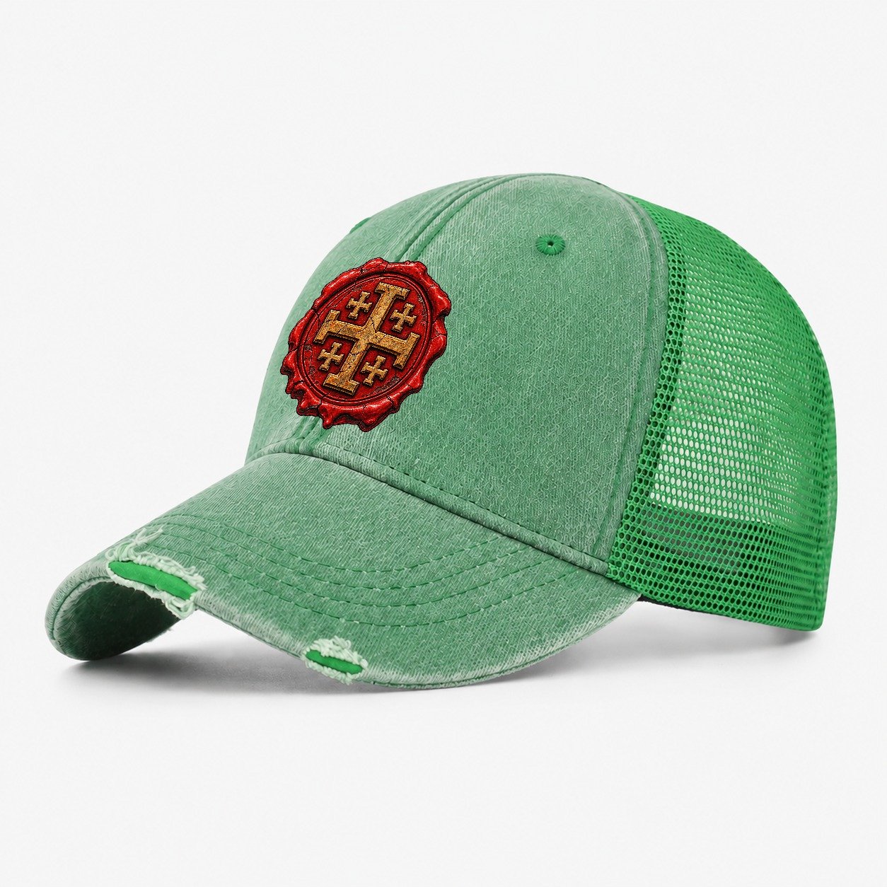 Red Wax Seal Impression Jerusalem Cross Washed Trucker Hat – Ink Green