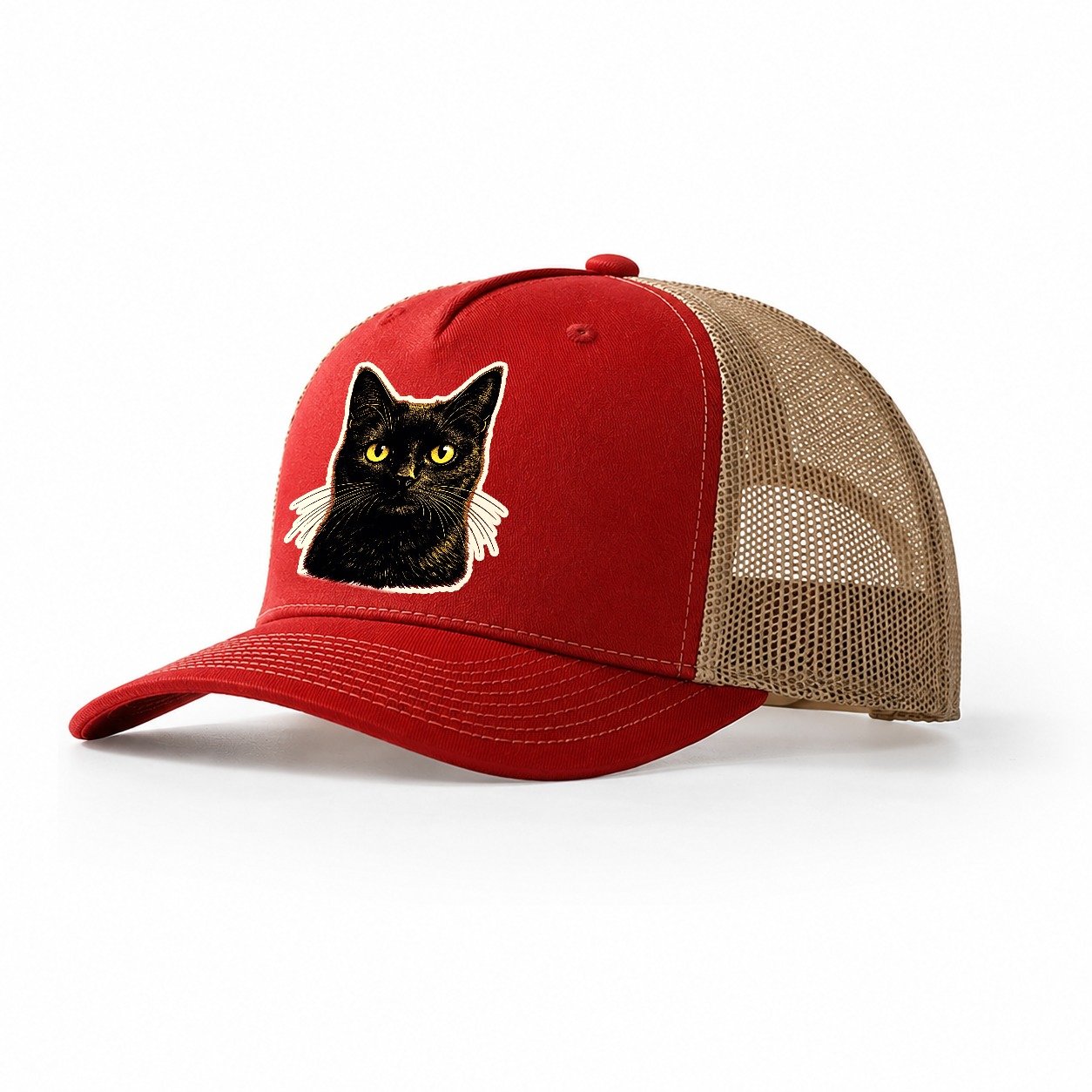 Green Eyed Black Cat Trucker Hat – Red Khaki