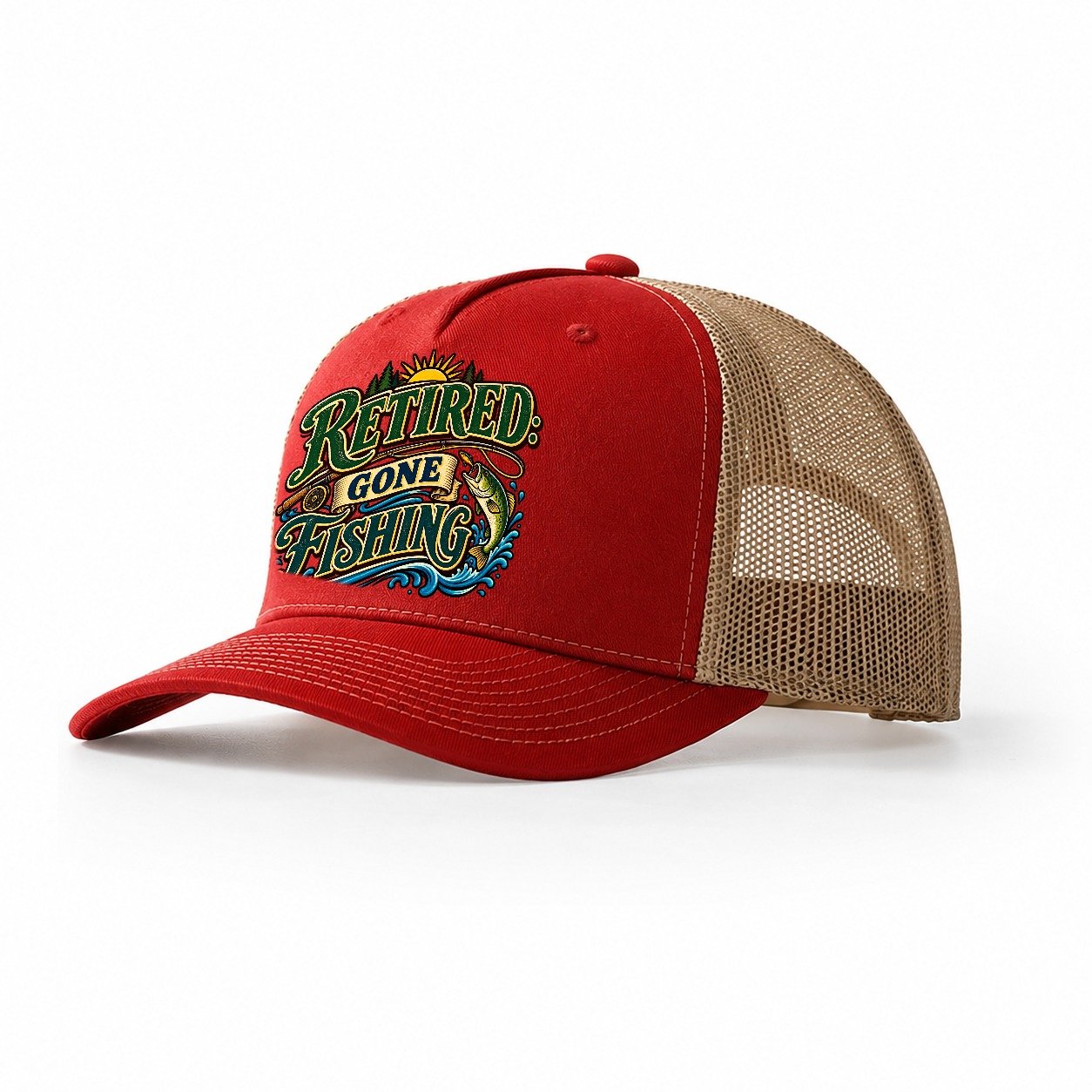 Retired Gone Fishing Retired Living Trucker Hat – Red Khaki