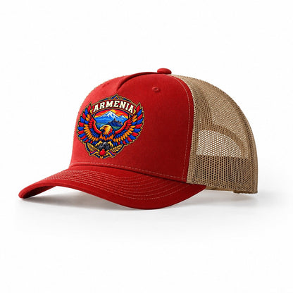 Armenia Retro Badge Country Logos Trucker Hat – Red Khaki