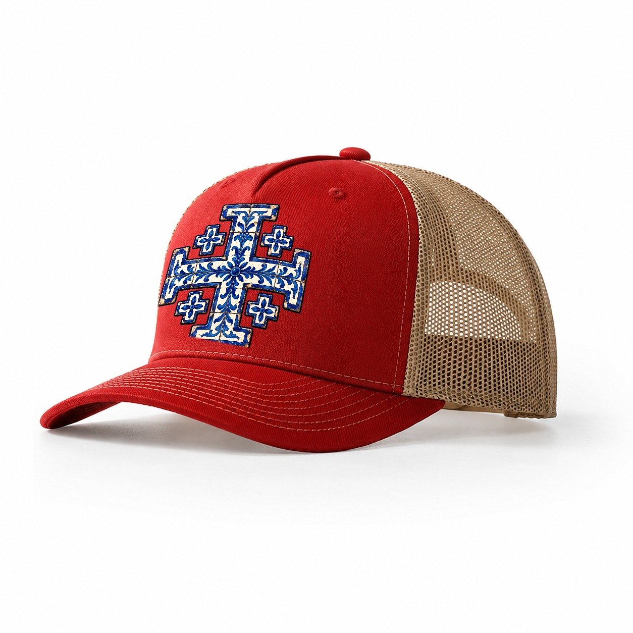 Blue And White Glazed Tile Jerusalem Cross Trucker Hat – Red Khaki