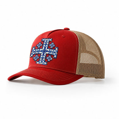 Blue And White Glazed Tile Jerusalem Cross Trucker Hat – Red Khaki