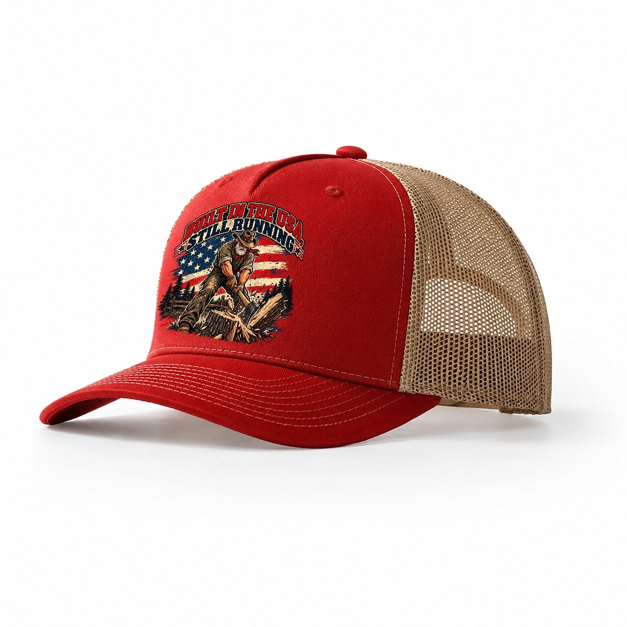 Built In The Usa Still Running Old Man Strong Trucker Hat – Red Khaki