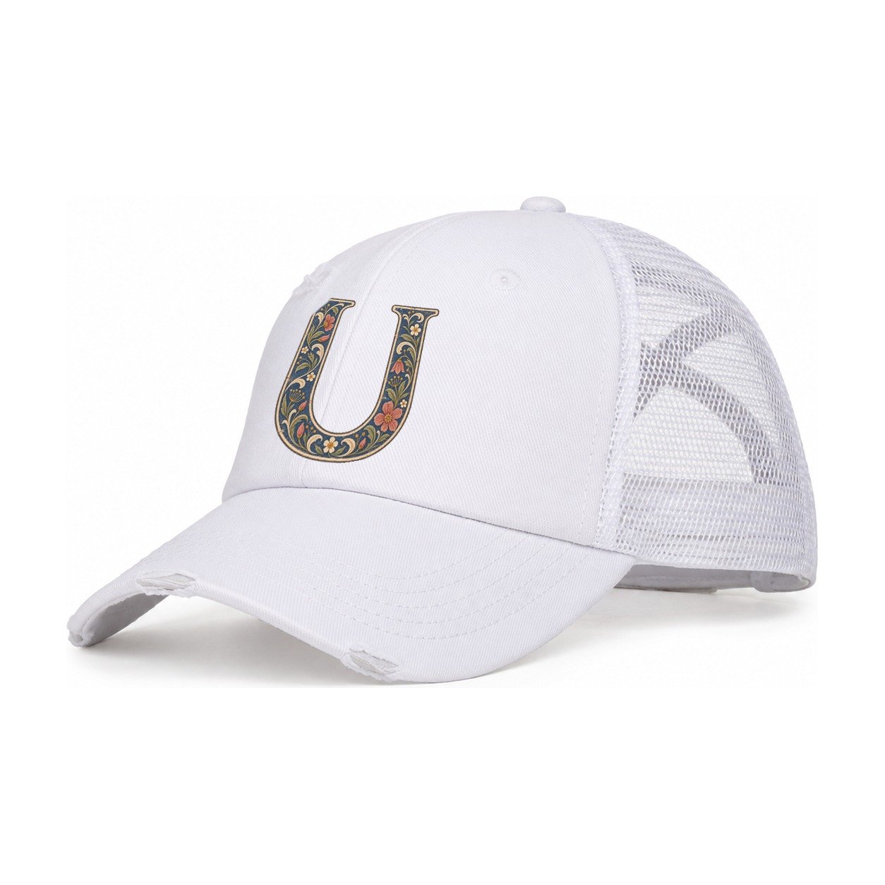 Wildflower U Monogram Women's Ponytail Trucker Hat – White White