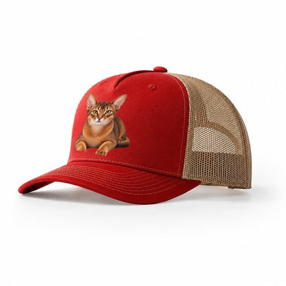 Abyssinian Reclining Paws Forward Realistic Cat Portrait Trucker Hat – Red Khaki