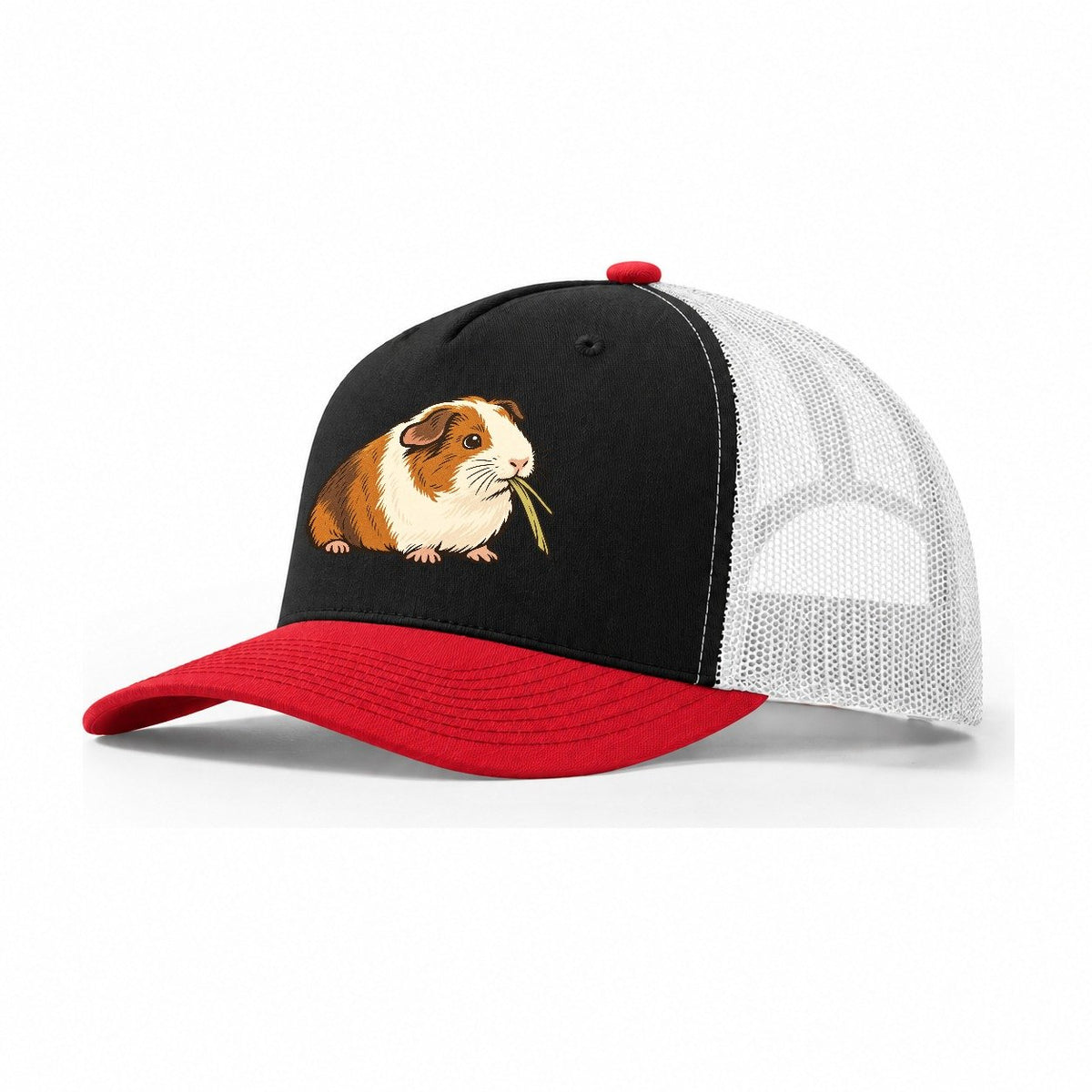 Guinea Pig Hay Bite Small Pet Logos Trucker Hat – Black Red White