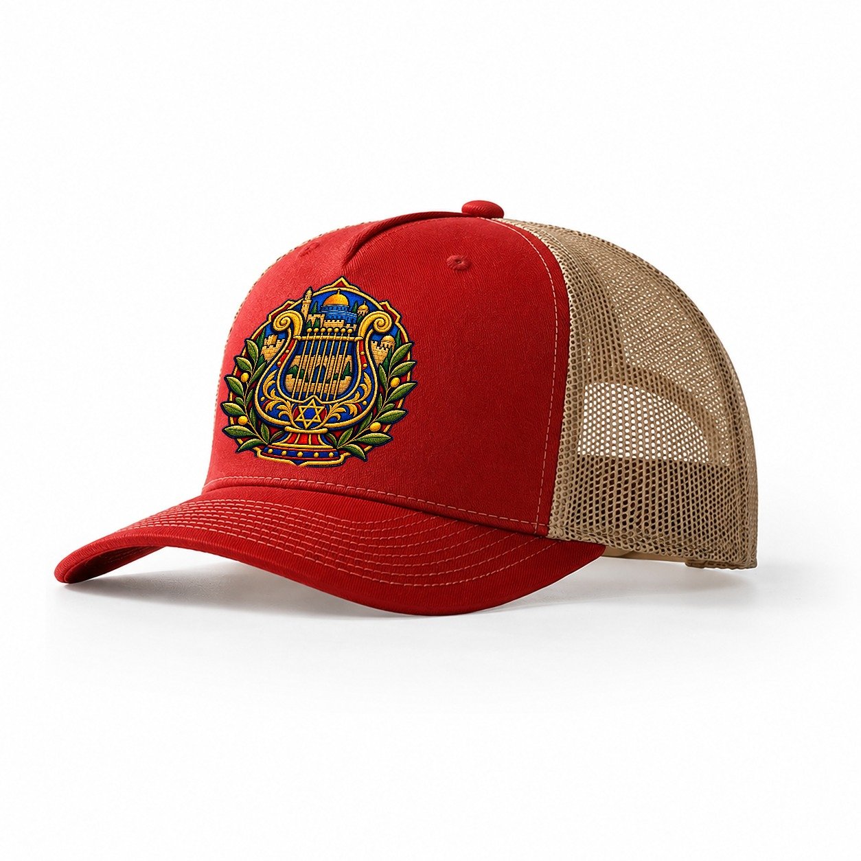 Harp Of David Jerusalem Trucker Hat – Red Khaki