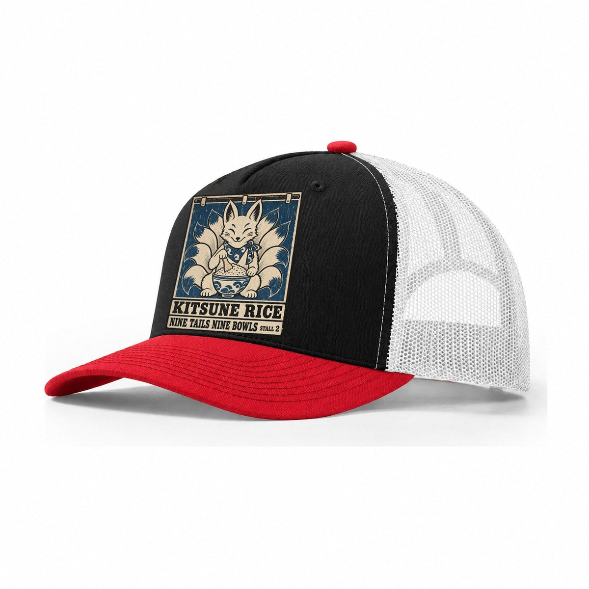 Kitsune Rice Yokai Night Market Trucker Hat – Black Red White