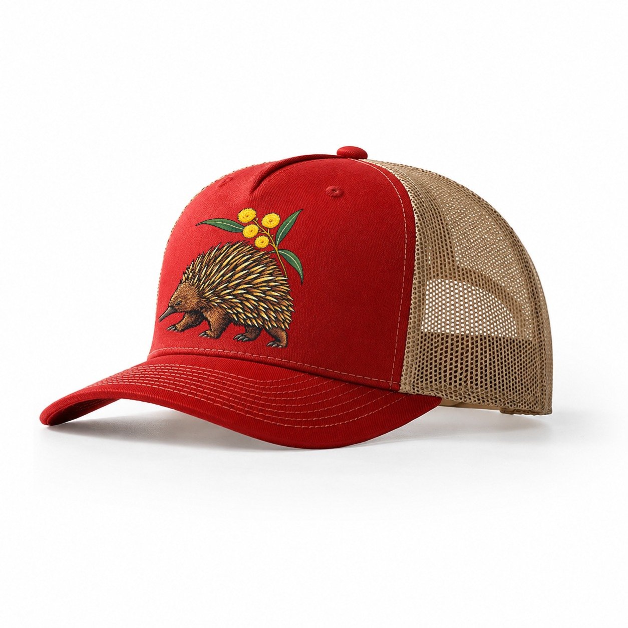 Short Beaked Echidna And Golden Wattle Australia Cultural Icons Trucker Hat – Red Khaki