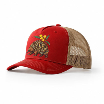Short Beaked Echidna And Golden Wattle Australia Cultural Icons Trucker Hat – Red Khaki