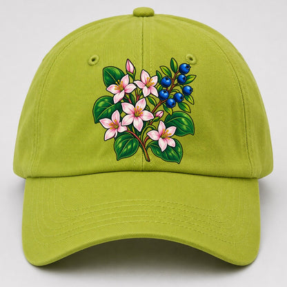 Nova Scotia Mayflower And Wild Blueberries Canada Cultural Icons Baseball Cap – Fluorescent Green