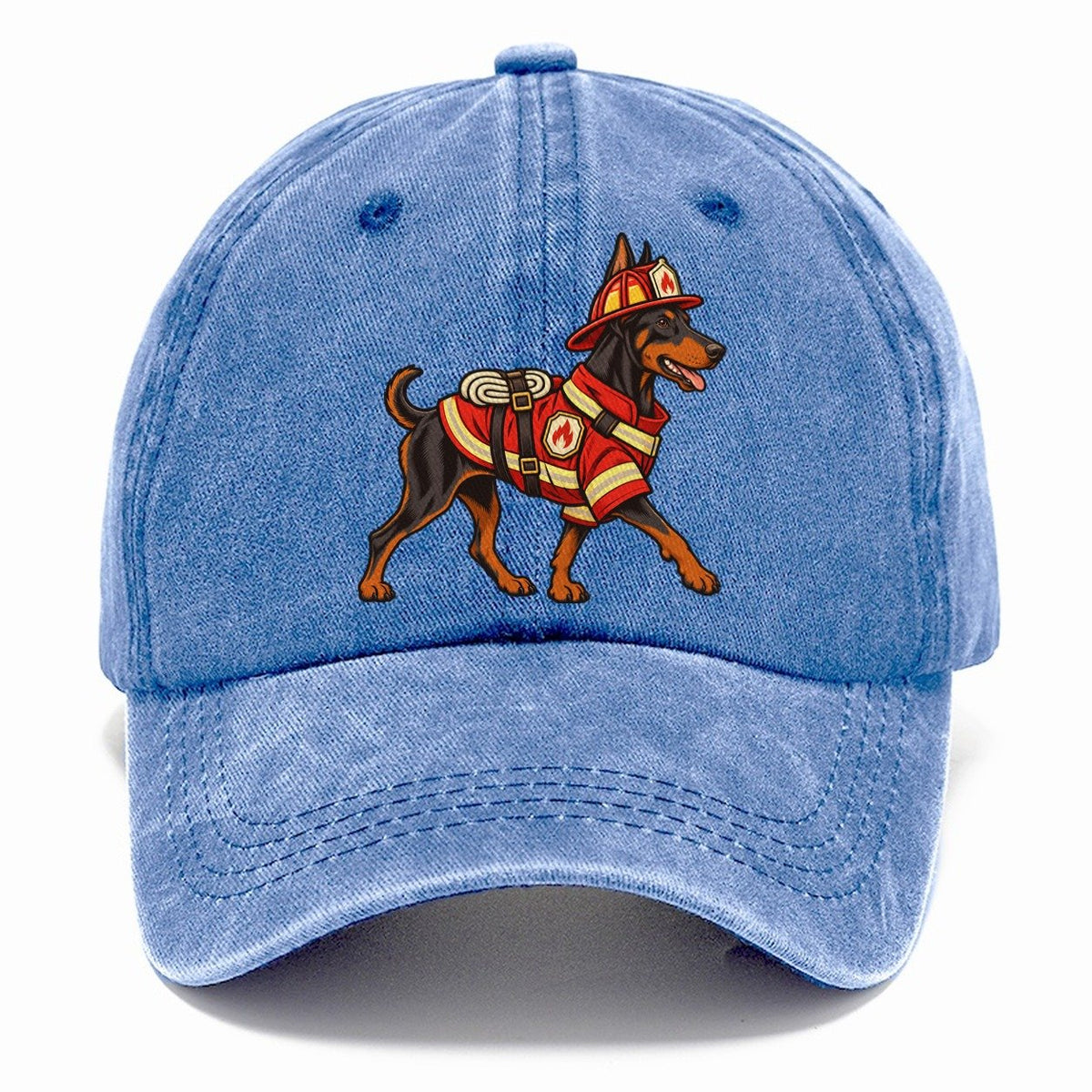 One Doberman Pinscher In Halloween Costume Firefighter Costume With A Small Helmet And Coat Halloween Dog Parade Classic Cap – Summer Sky