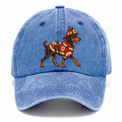 One Doberman Pinscher In Halloween Costume Firefighter Costume With A Small Helmet And Coat Halloween Dog Parade Classic Cap – Summer Sky