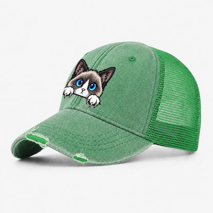 Snowshoe Cat Peeking Peeking Cats Washed Trucker Hat – Ink Green