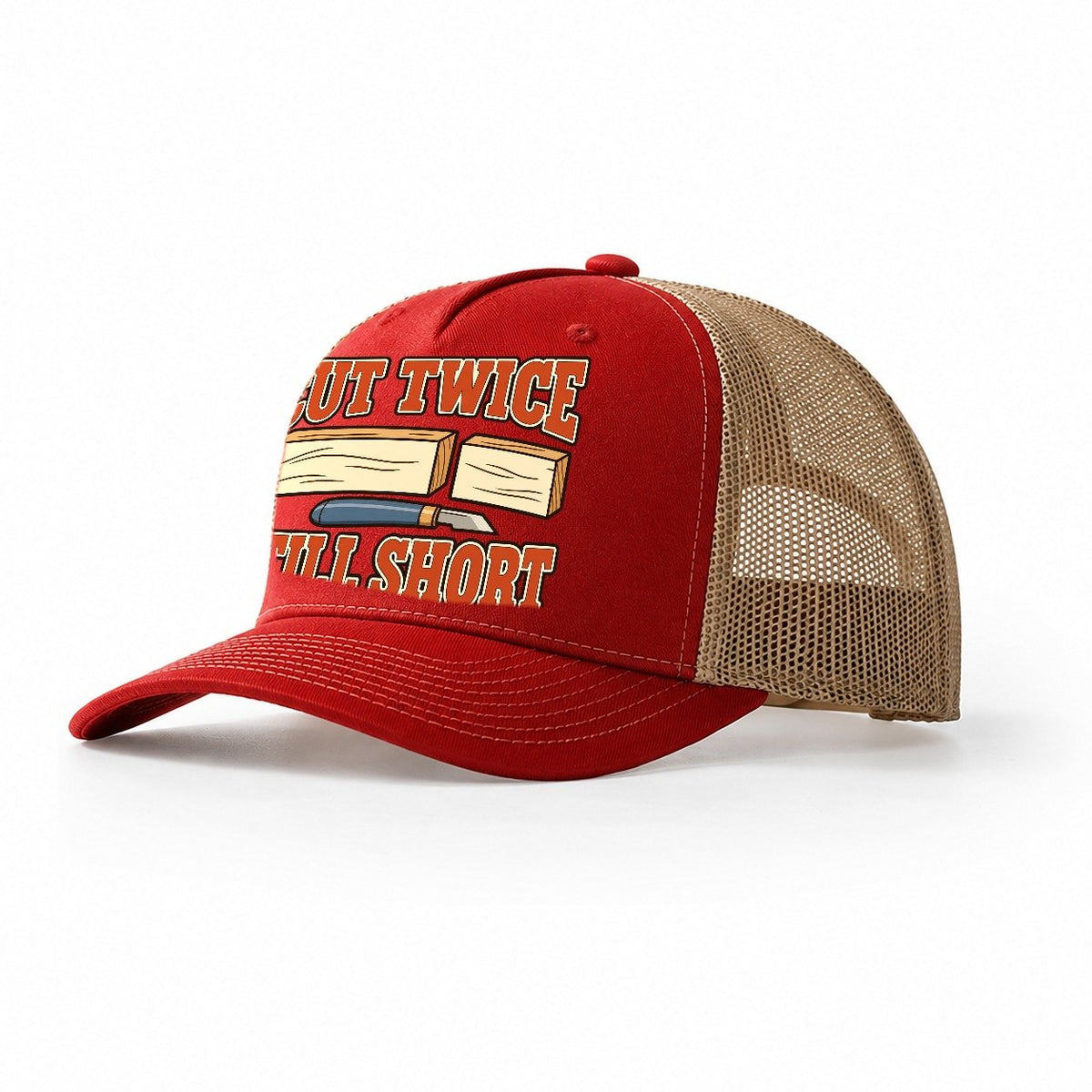 Cut Twice Still Short Woodworking Trucker Hat – Red Khaki