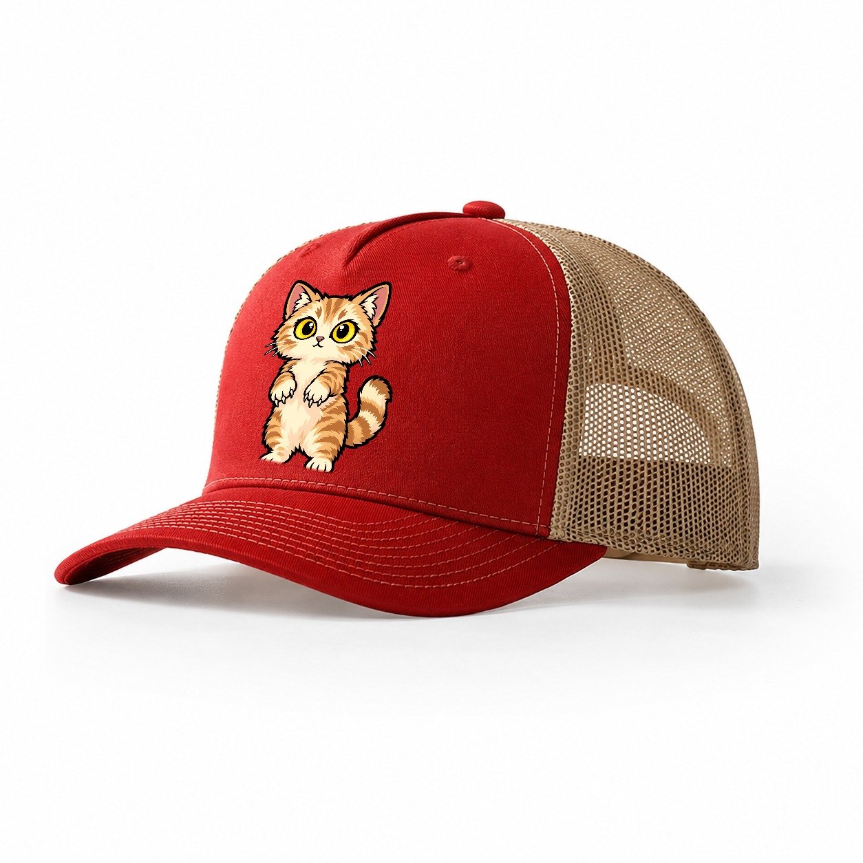 Munchkin Standing Up Peeking Cats Trucker Hat – Red Khaki