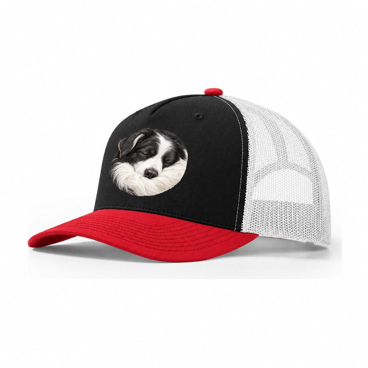 Border Collie Ruff Tuck Pastimes Companions Trucker Hat – Black Red White