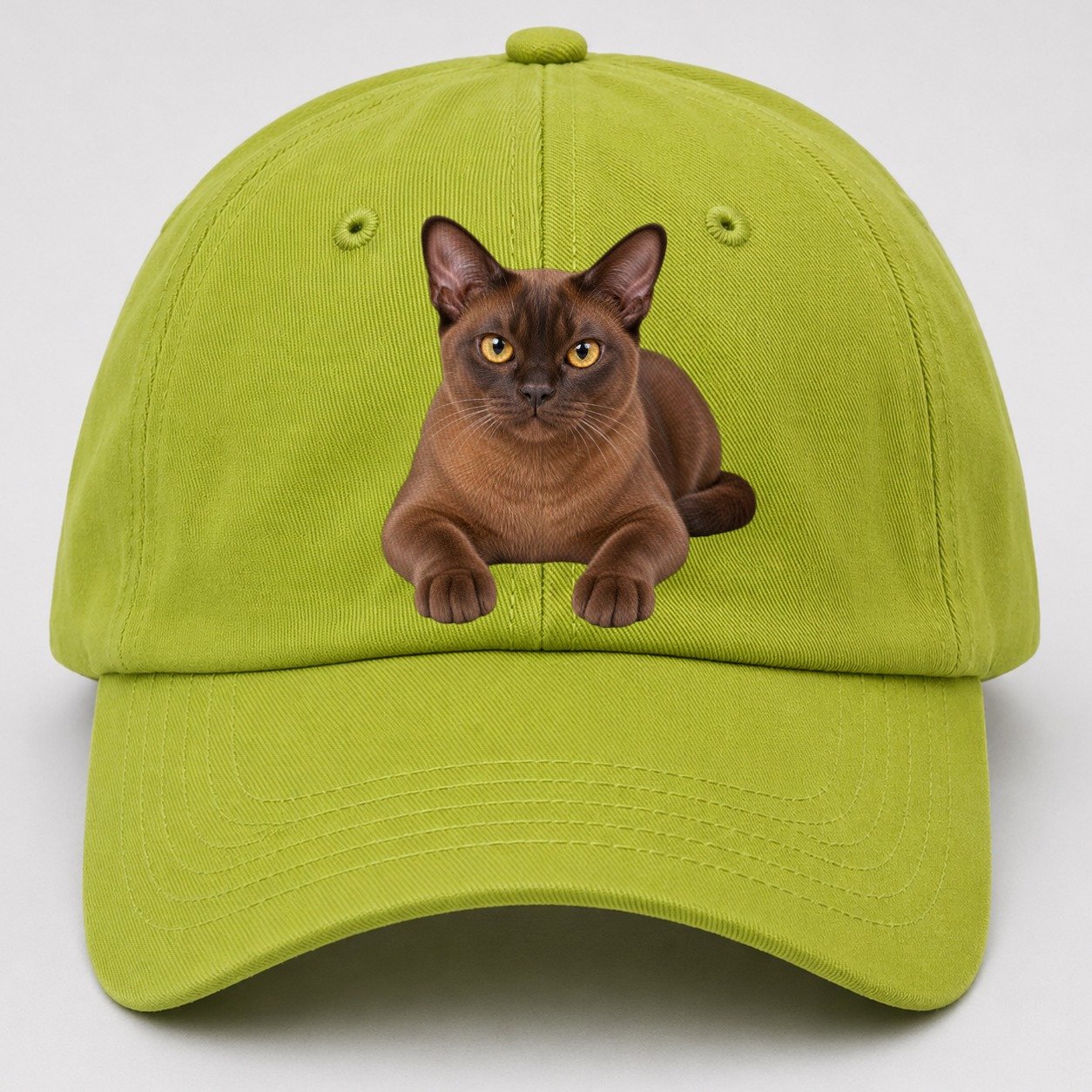 Burmese Reclining Paws Forward Realistic Cat Portrait Baseball Cap – Fluorescent Green