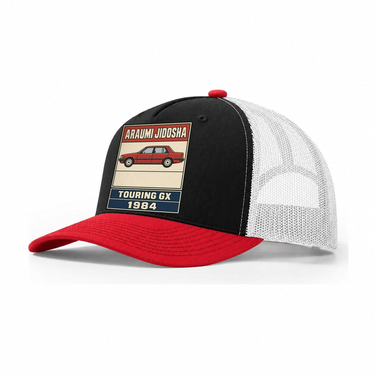 Araumi Touring Showa Speed Plates Trucker Hat – Black Red White