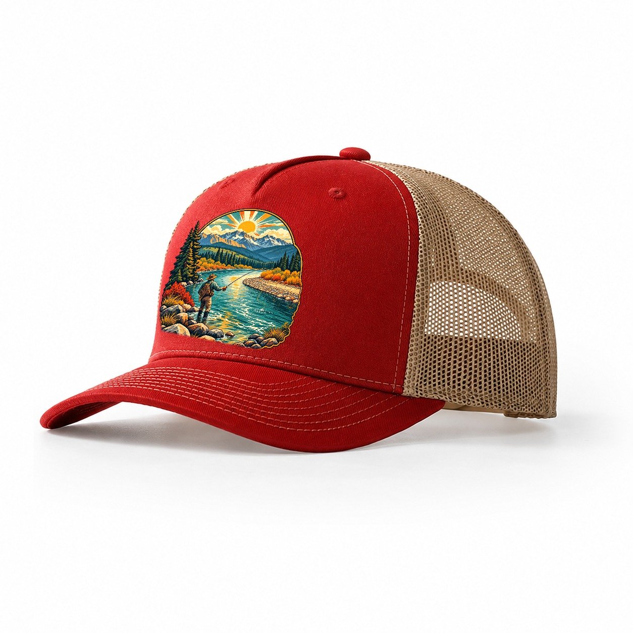 River Bend Fly Water Fishing Club Trucker Hat – Red Khaki