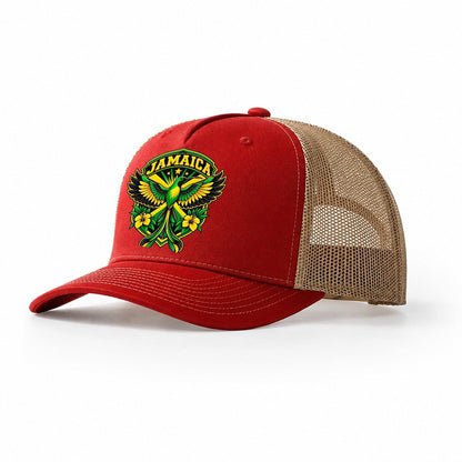 Jamaica Retro Badge Country Logos Trucker Hat – Red Khaki
