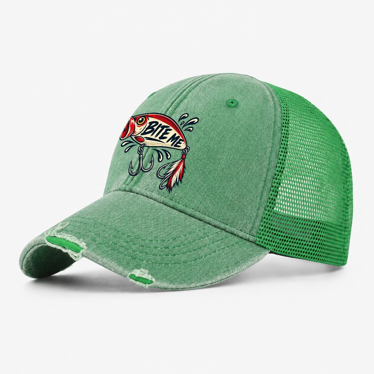 Bite Me Lure Fishing Elegant Washed Trucker Hat – Ink Green